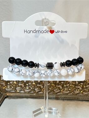 NEW Handmade Black Obsidian & Marbled Howlite Beaded Stretch Bracelets